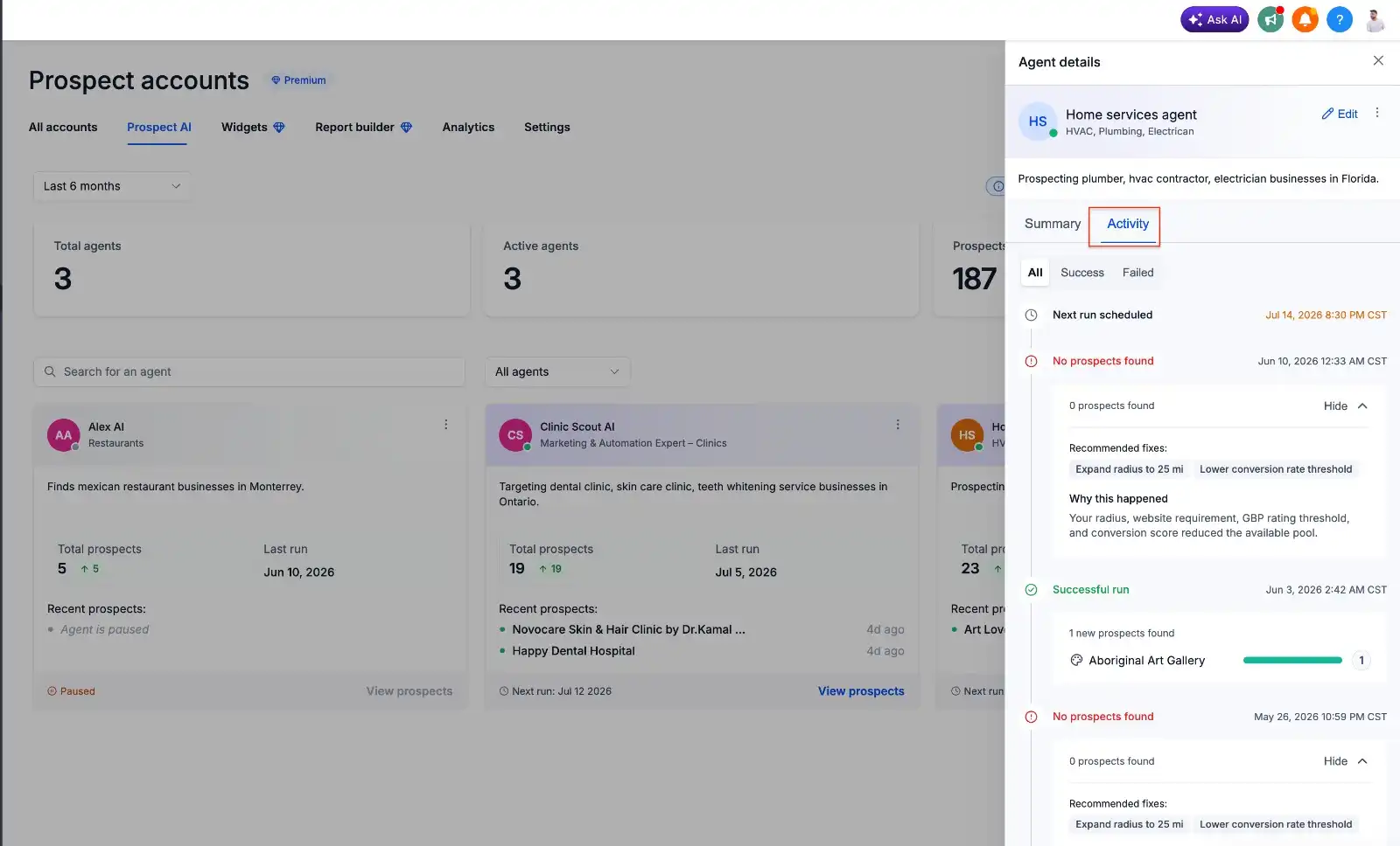 GoHighLevel Prospect AI dashboard showing AI agent cards with total prospects, last run, next scheduled run, and quick access to prospects. GoHighLevel Prospect AI dashboard showing AI agent cards with total prospects, last run, next scheduled run, and quick access to prospects.