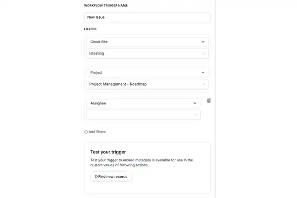 GoHighLevel Jira New Issue trigger configuration with Cloud Site, Project, Assignee, and trigger testing GoHighLevel Jira New Issue trigger configuration with Cloud Site, Project, Assignee, and trigger testing