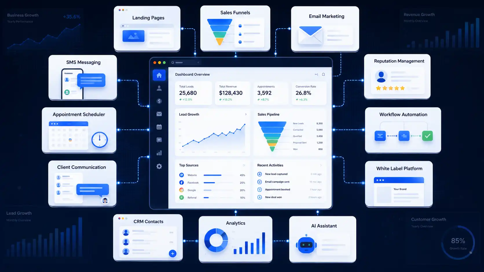 CRM dashboard connected with multiple built-in business management tools. CRM dashboard connected with multiple built-in business management tools.