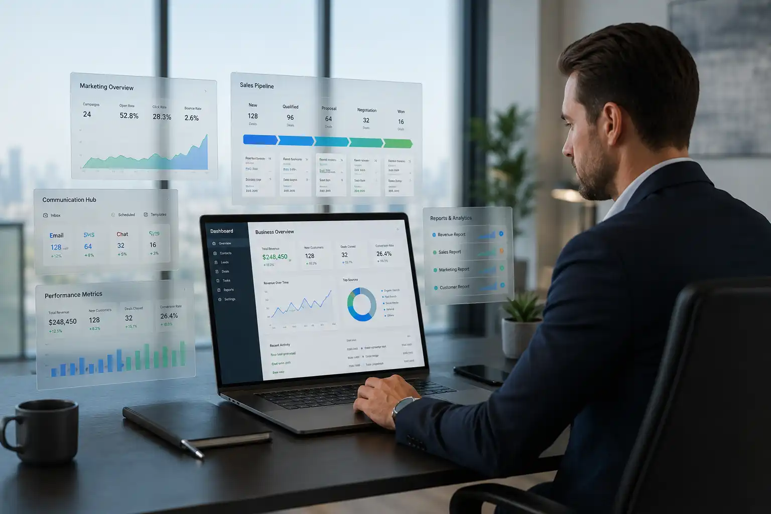 Business owner evaluating CRM software for long-term growth Business owner evaluating CRM software for long-term growth