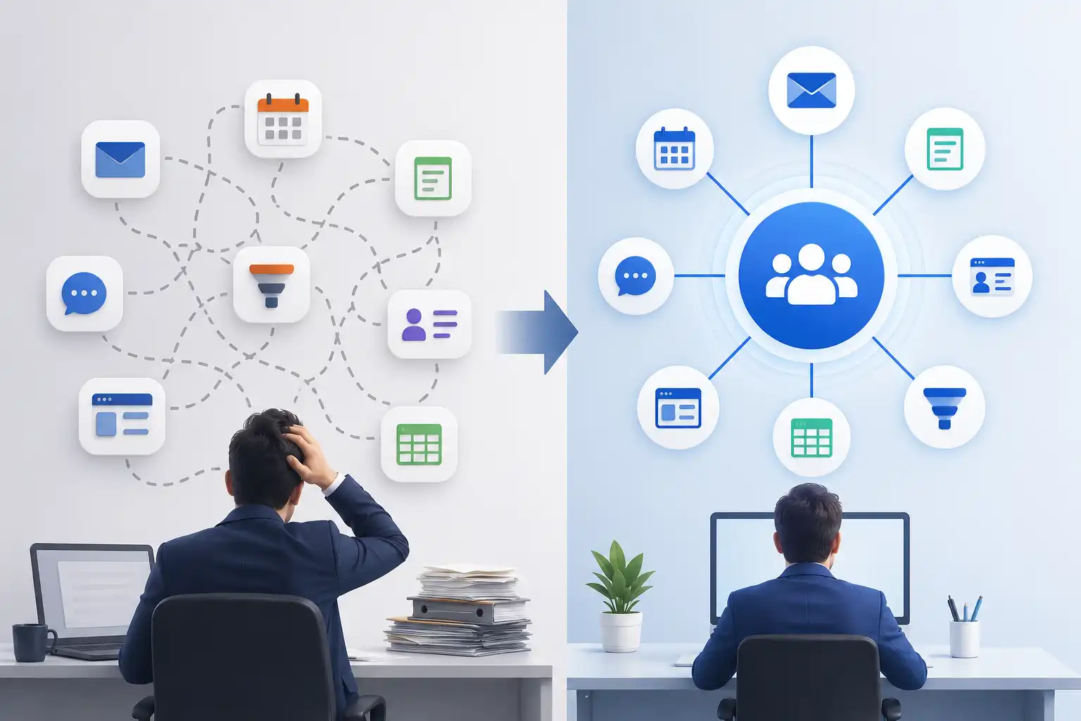 Conceptual illustration showing multiple business tools organized into one centralized CRM platform Conceptual illustration showing multiple business tools organized into one centralized CRM platform