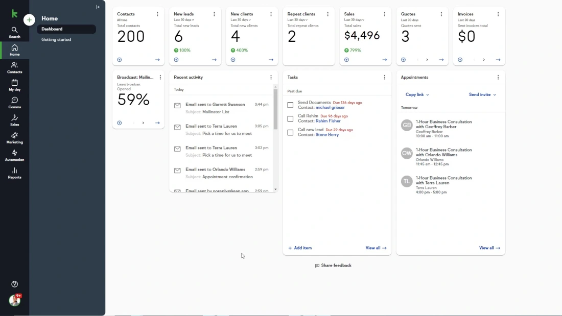 Keap CRM interface displaying customer records, sales pipeline tracking, and automated email marketing features