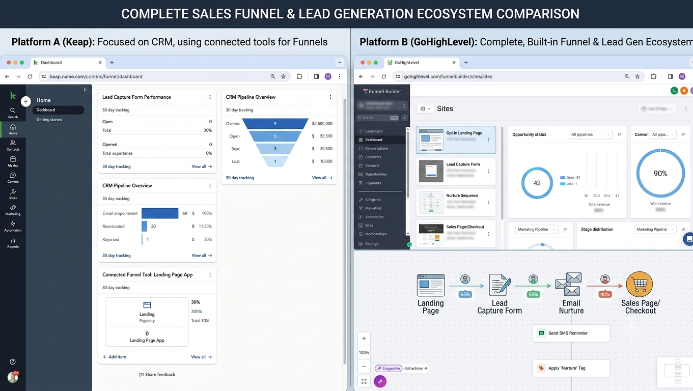 GoHighLevel funnel creation interface with landing pages, lead capture forms, and conversion optimization tools