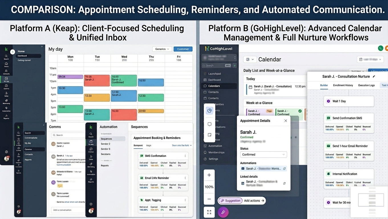 CRM scheduling system with automated appointment reminders, customer alerts, and communication workflows
