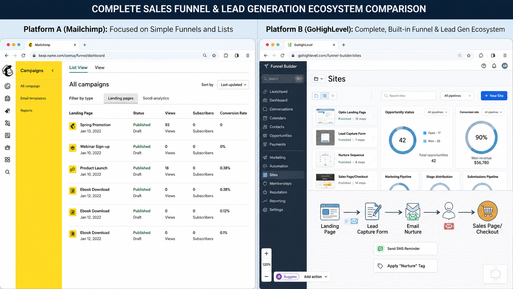 GoHighLevel sales funnel builder showing landing pages, lead capture forms, conversion tracking, and customer journeys GoHighLevel sales funnel builder showing landing pages, lead capture forms, conversion tracking, and customer journeys