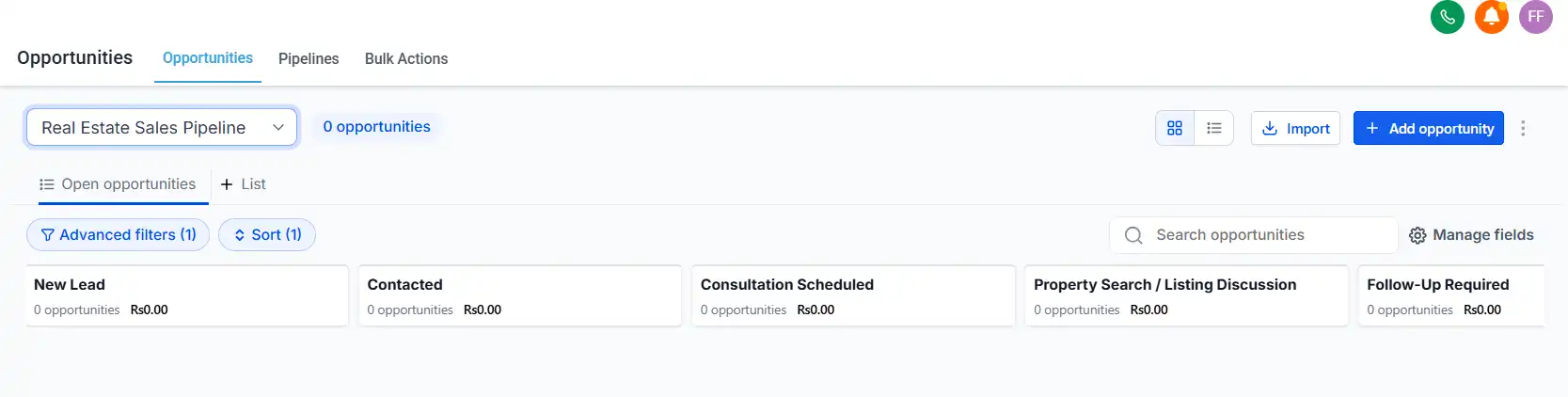GoHighLevel real estate CRM pipeline showing lead stages and opportunities GoHighLevel real estate CRM pipeline showing lead stages and opportunities