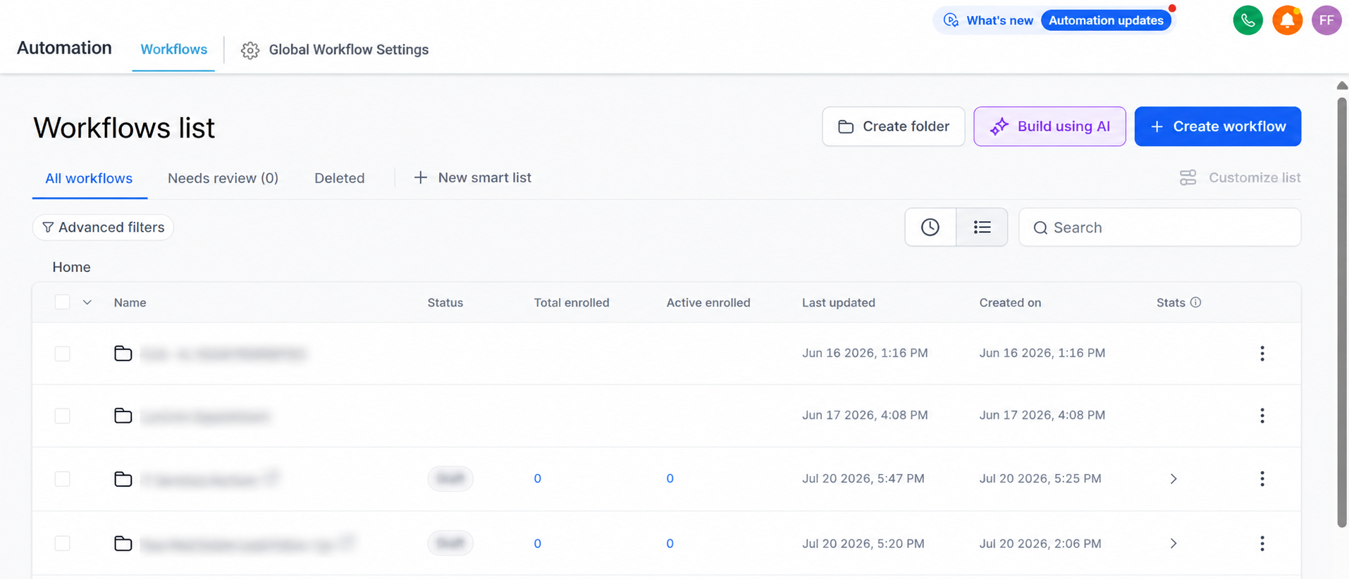 GoHighLevel Workflow Automation dashboard showing existing workflows and Create Workflow button GoHighLevel Workflow Automation dashboard showing existing workflows and Create Workflow button