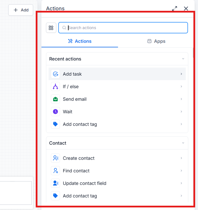 GoHighLevel workflow actions panel with automation options for email, SMS, tags, and CRM updates GoHighLevel workflow actions panel with automation options for email, SMS, tags, and CRM updates