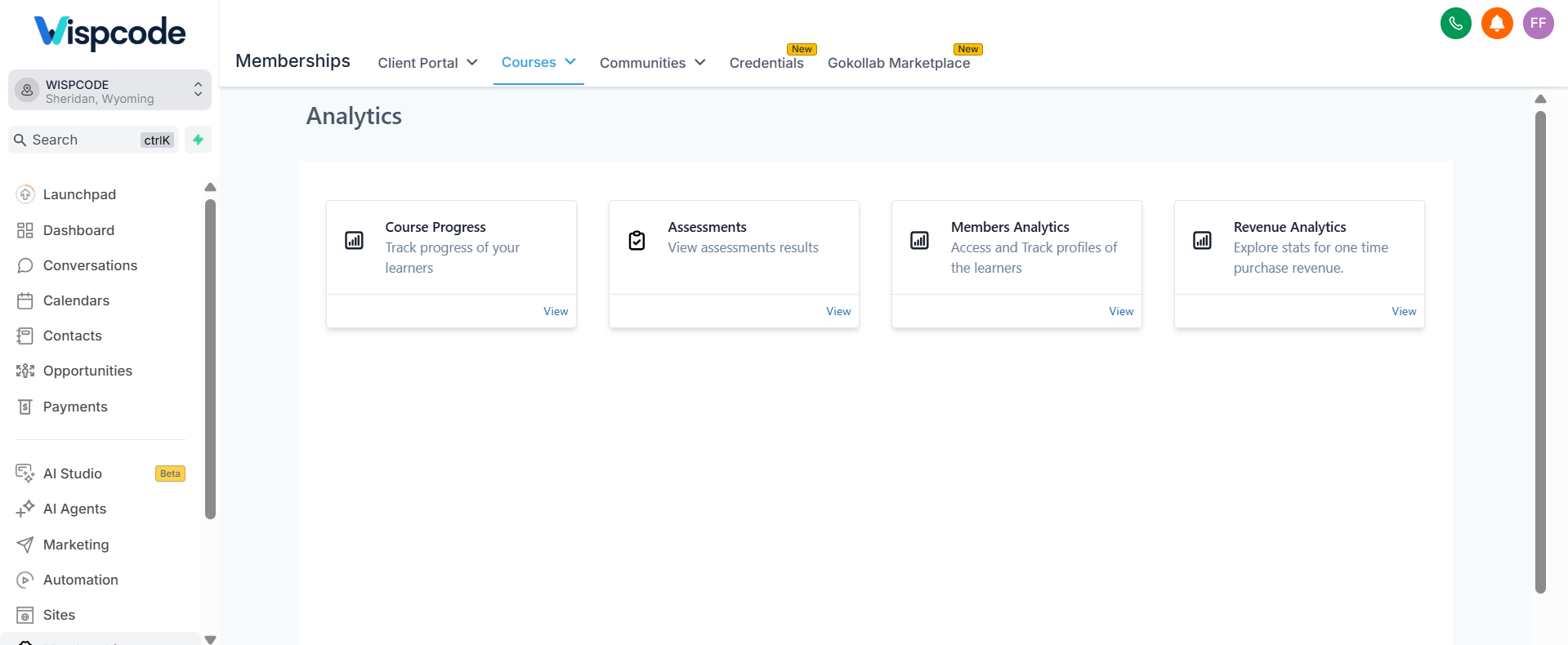 GoHighLevel Courses Analytics page showing Course Progress Analytics