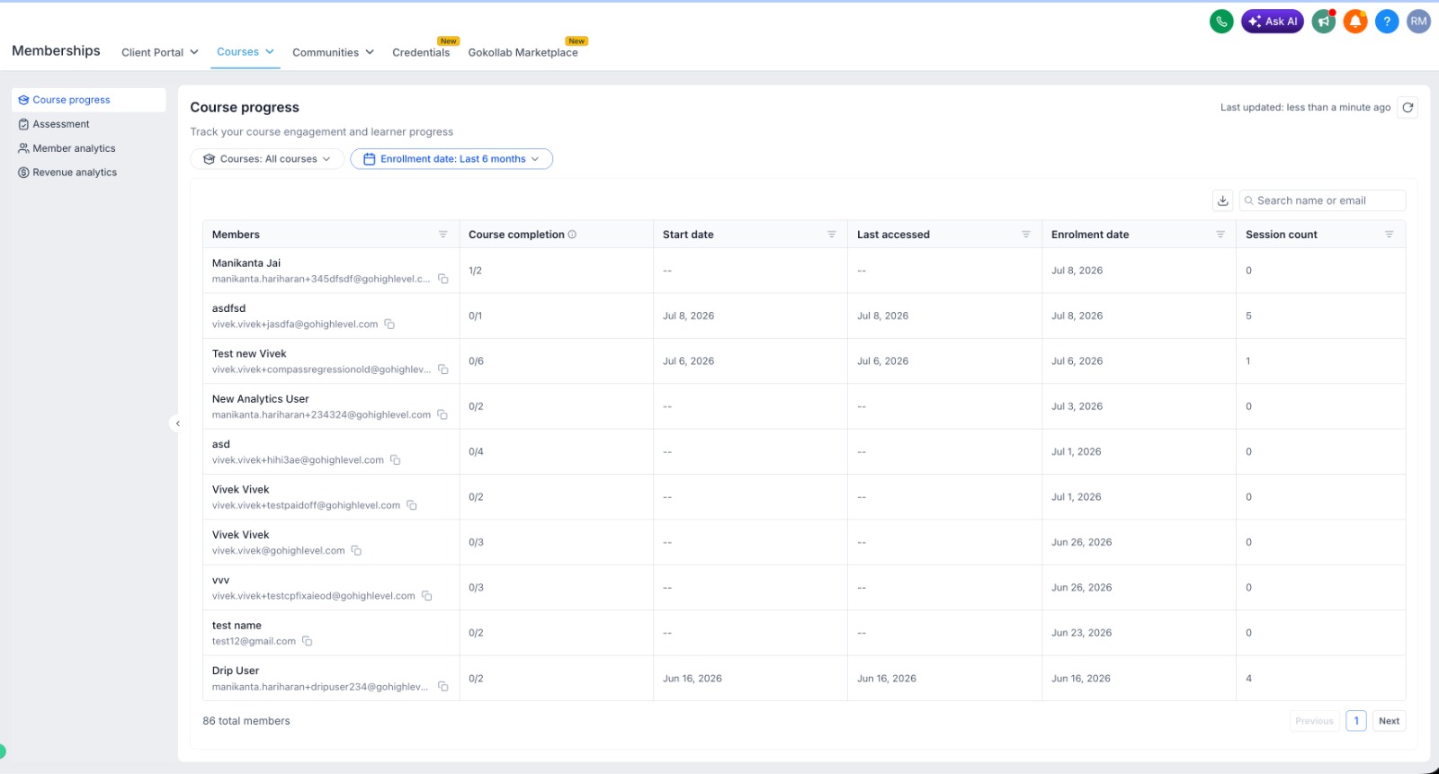 Member Progress Table in GoHighLevel Course Progress Analytics