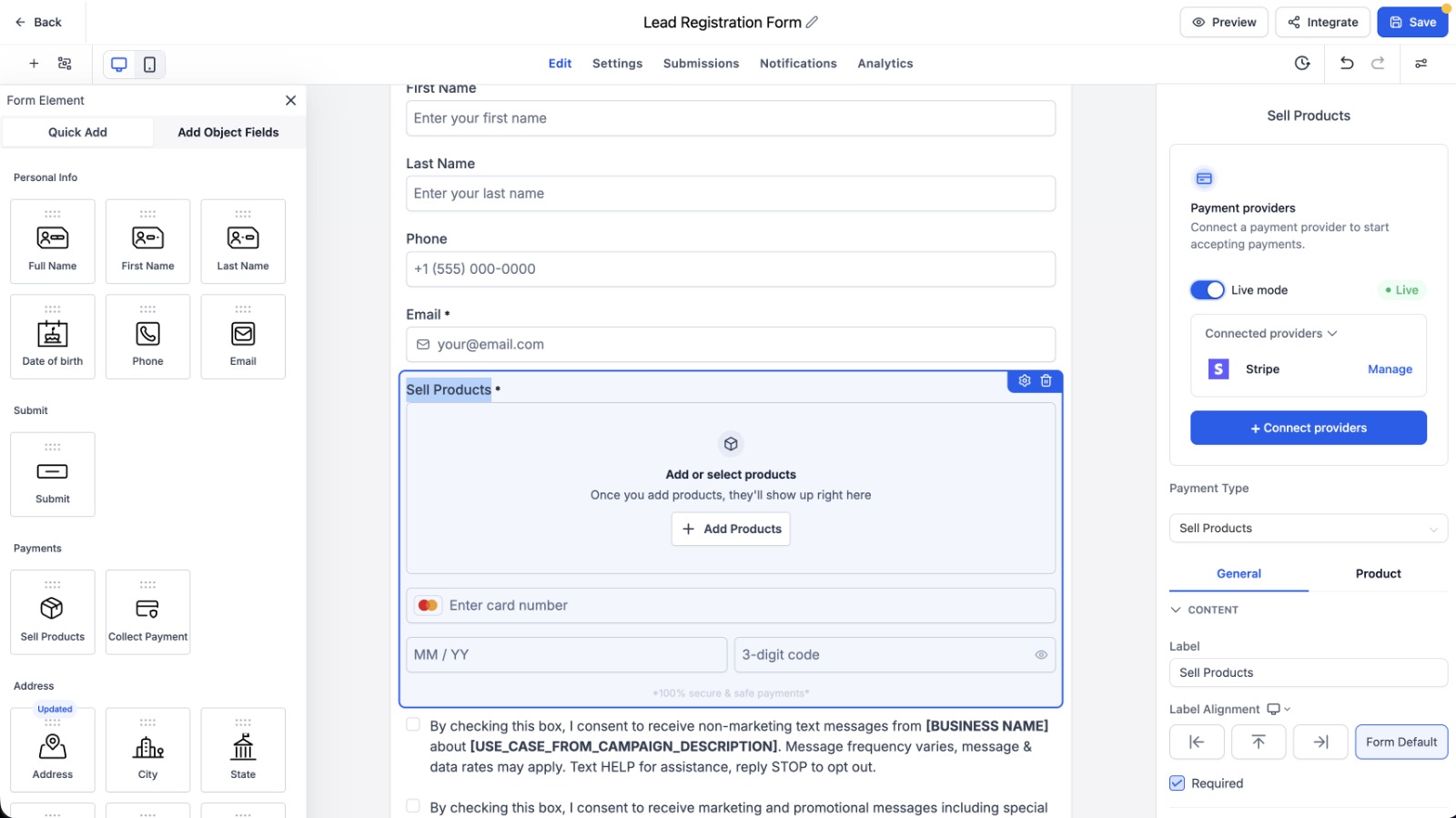 GoHighLevel Sell Products element with the unified payment configuration panel GoHighLevel Sell Products element with the unified payment configuration panel