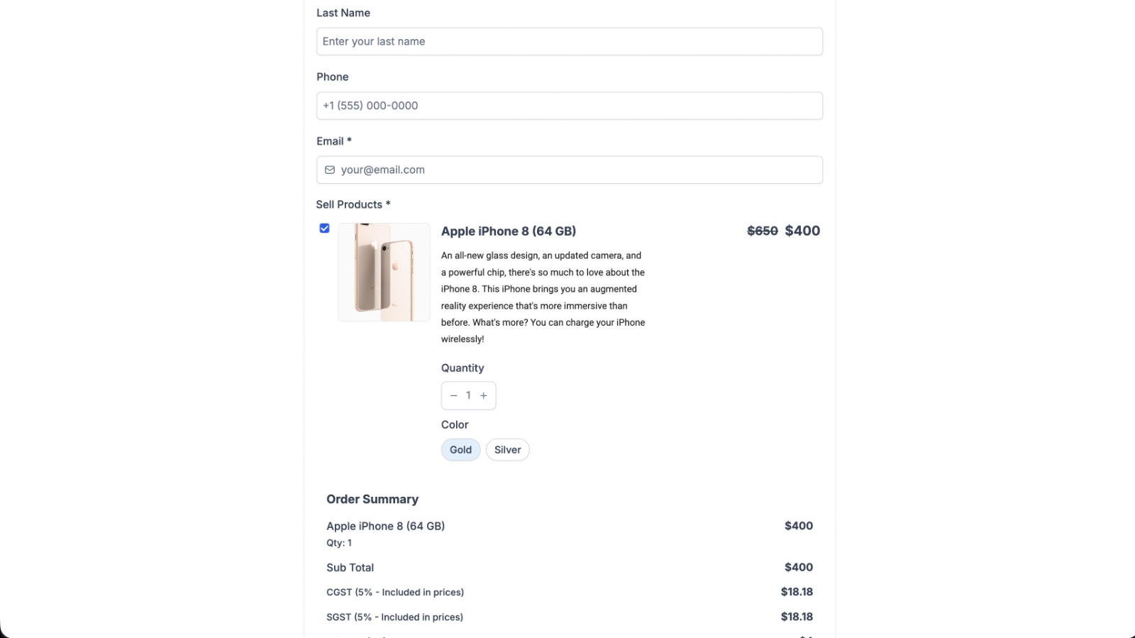GoHighLevel checkout with product selection and order summary GoHighLevel checkout with product selection and order summary