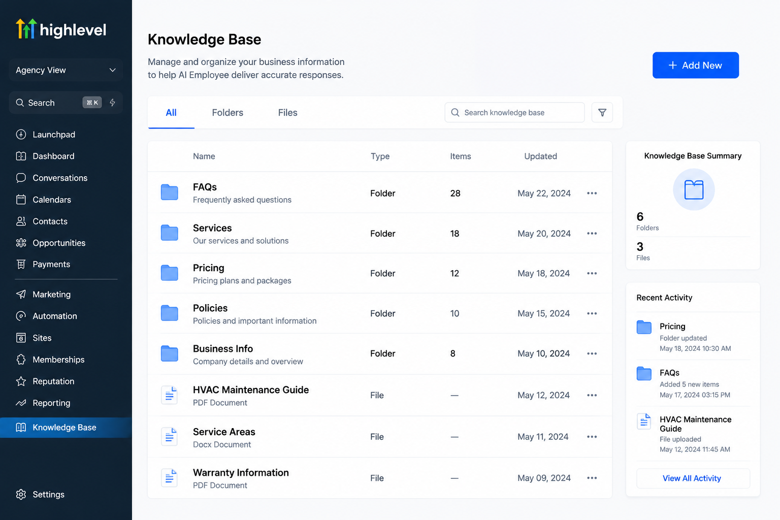 GoHighLevel Knowledge Base with business documents for AI training GoHighLevel Knowledge Base with business documents for AI training