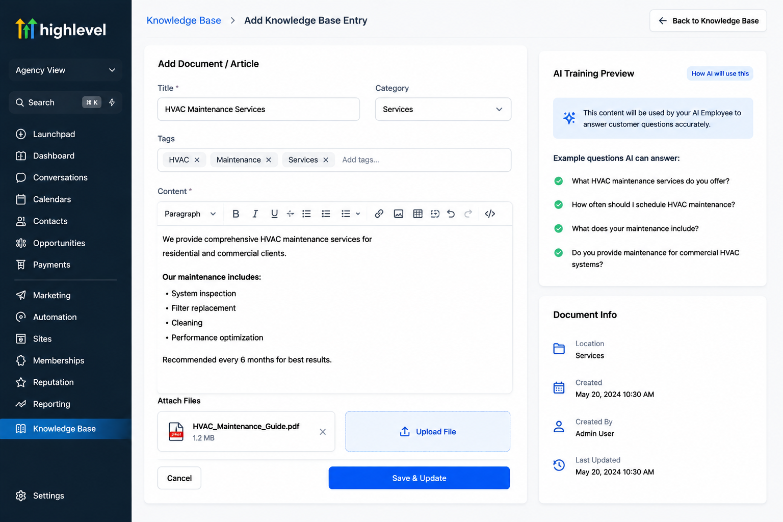 Uploading business information into the GoHighLevel Knowledge Base Uploading business information into the GoHighLevel Knowledge Base