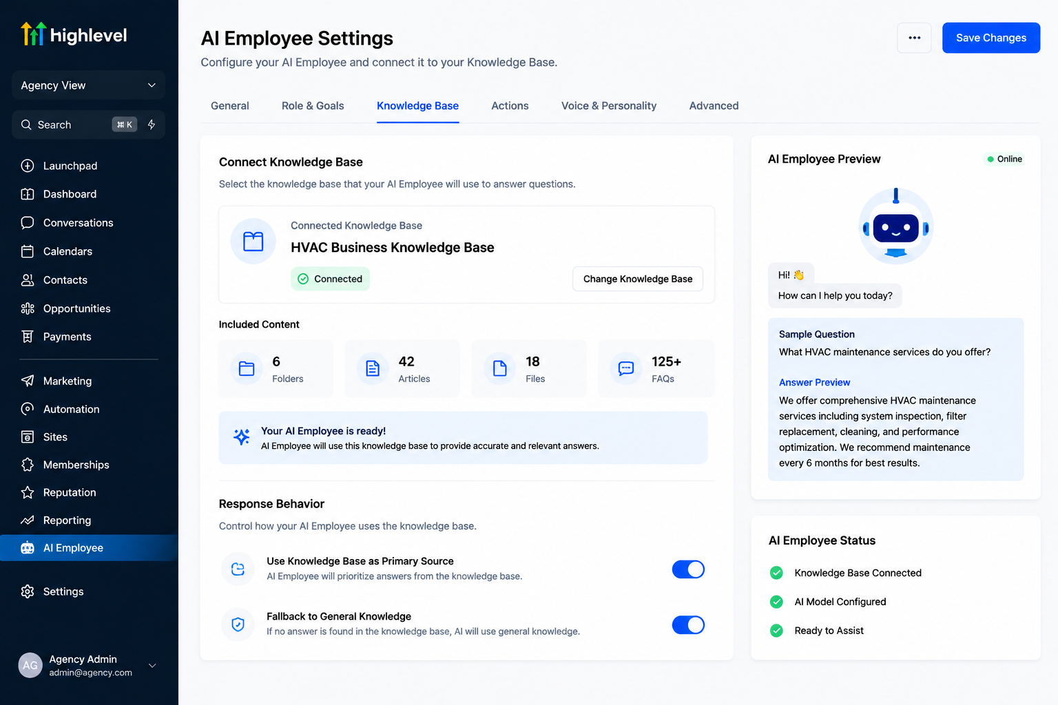 Connecting GoHighLevel AI Employee with the business knowledge base Connecting GoHighLevel AI Employee with the business knowledge base