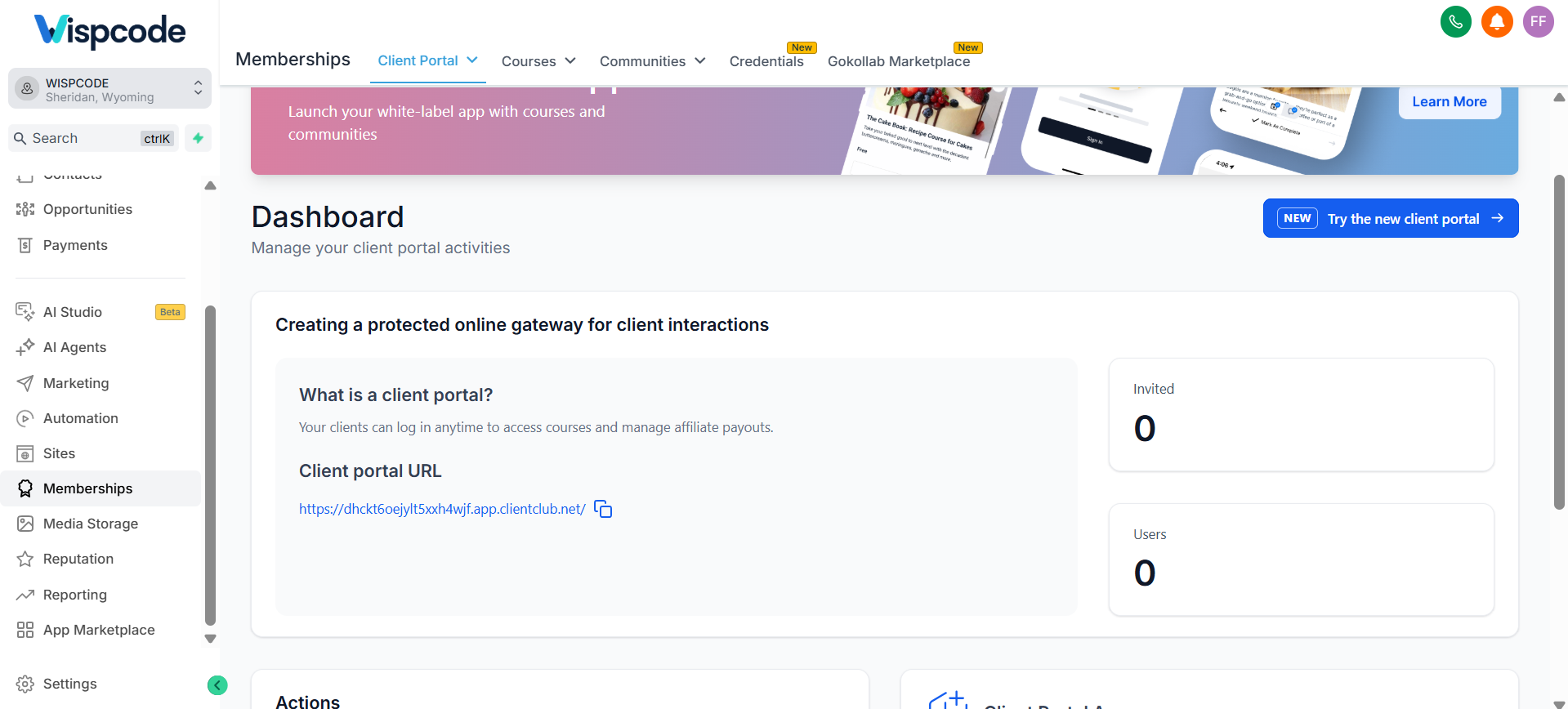 GoHighLevel Client Portal dashboard for managing client documents and activities