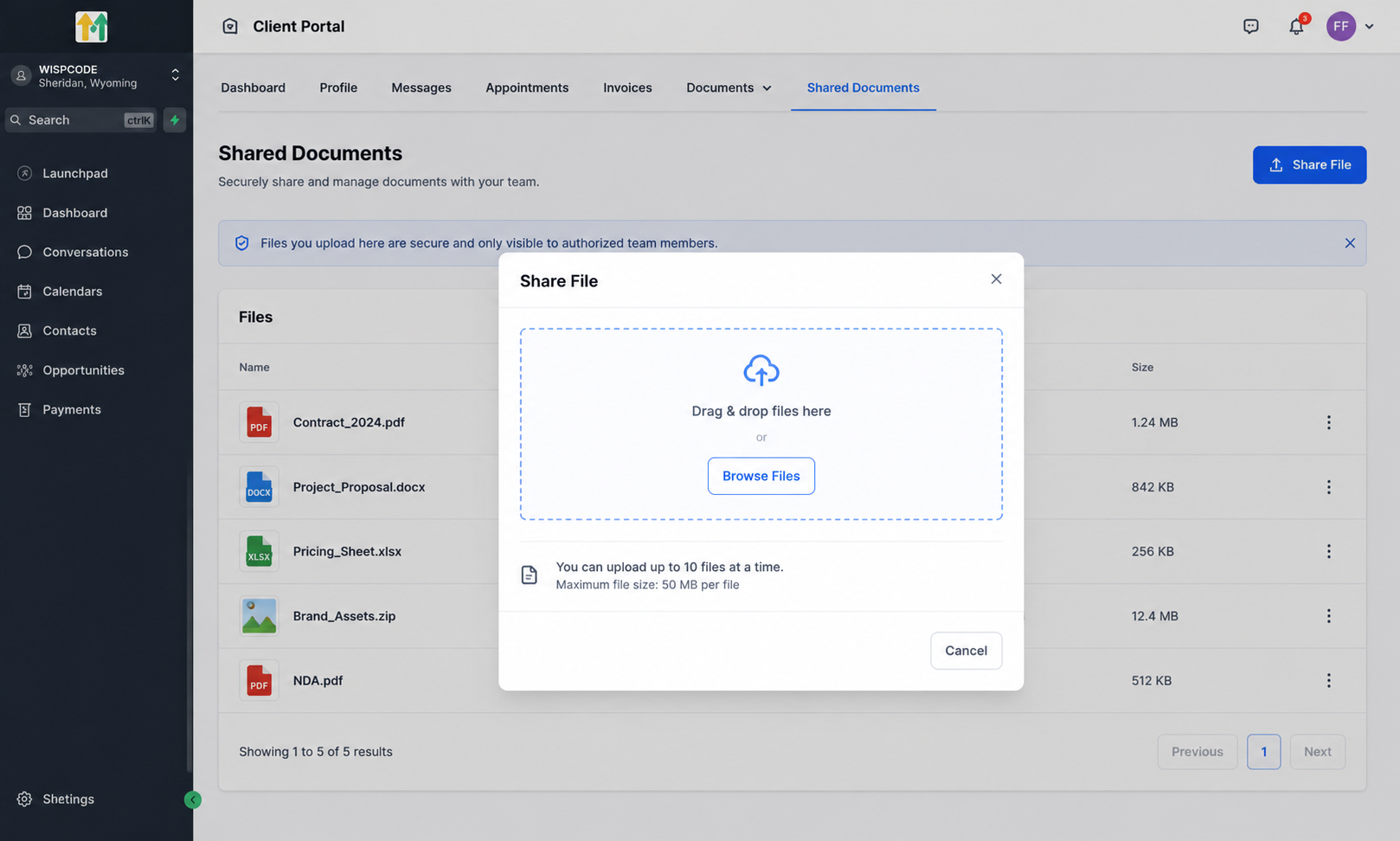Client uploading files through GoHighLevel Client Portal Shared Documents