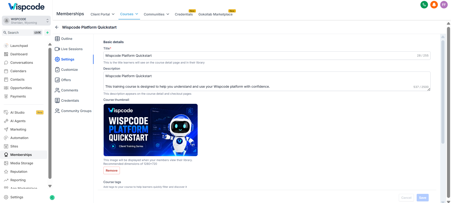 GoHighLevel Course Settings showing Language, Difficulty, and Topic Course Tags