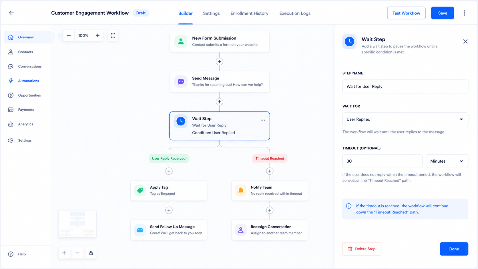 GoHighLevel workflow showing Wait Step with user reply and timeout path