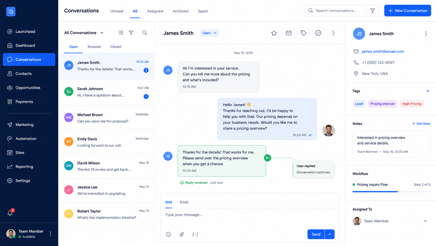 User reply inside a GoHighLevel conversation