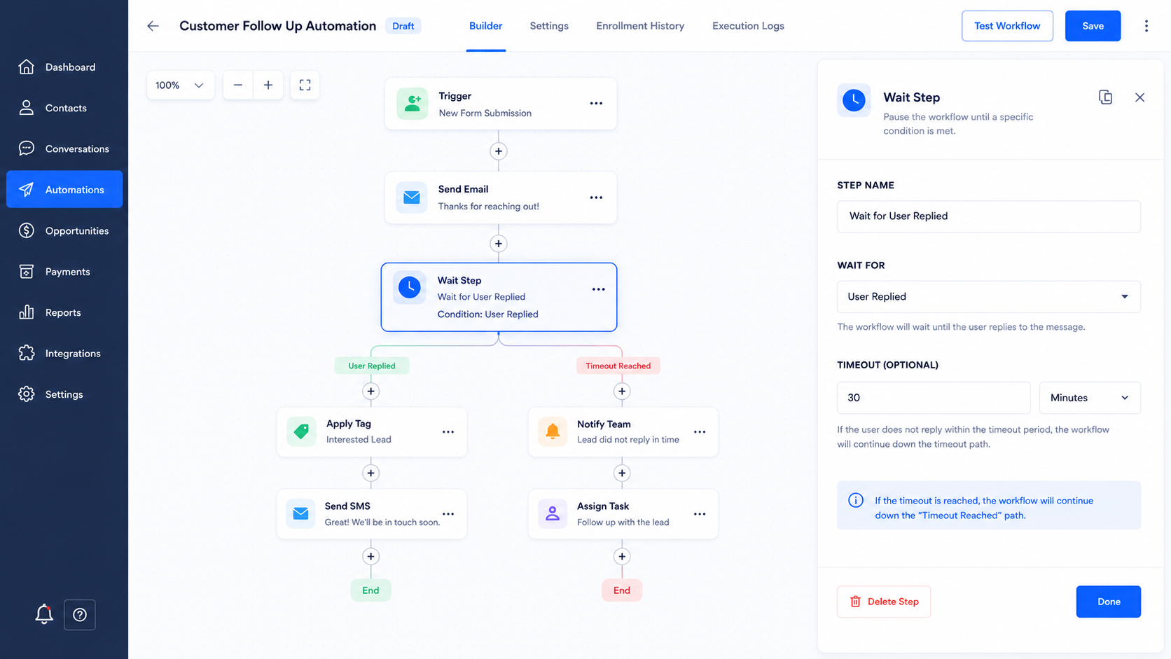 GoHighLevel Workflow Builder with Wait Step configured