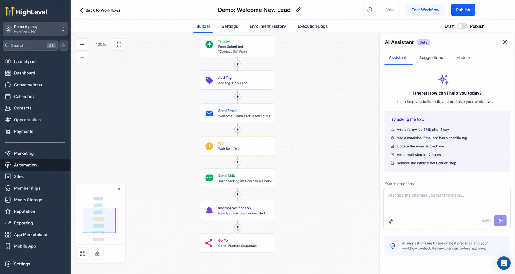 GoHighLevel AI Builder with workflow automation editing assistant