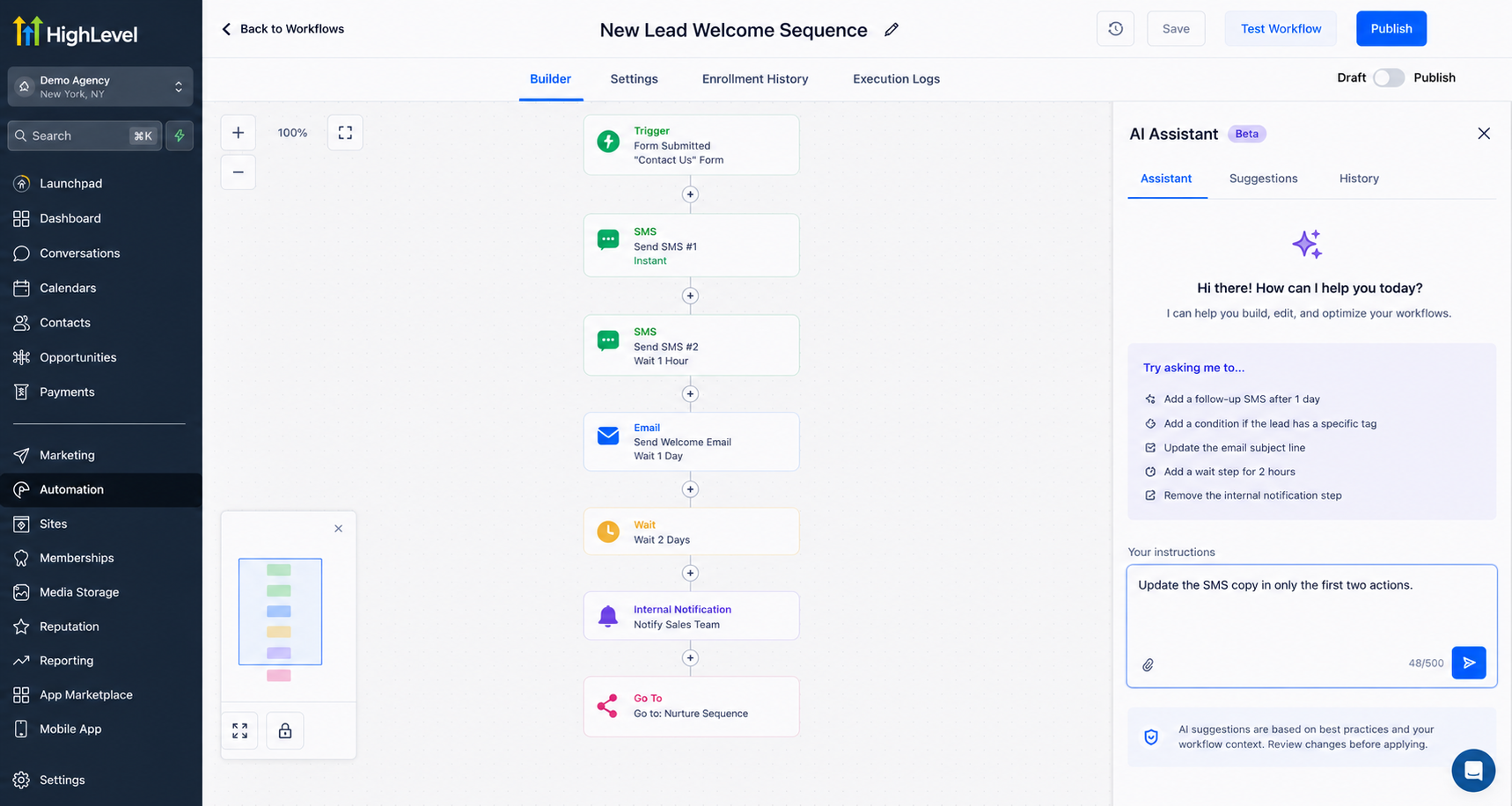 GoHighLevel AI Builder targeted instruction for selected workflow actions