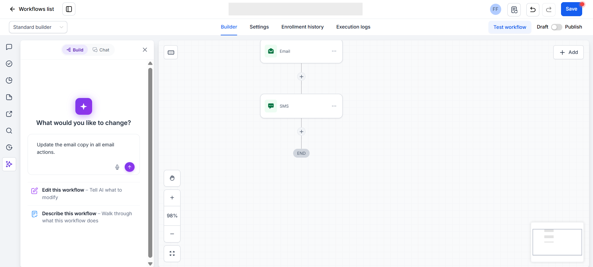 GoHighLevel AI Builder bulk copy editing for email and SMS workflow actions