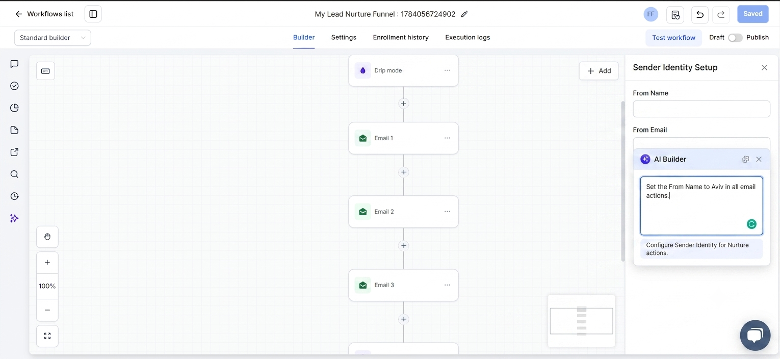 GoHighLevel workflow email sender identity update using AI Builder