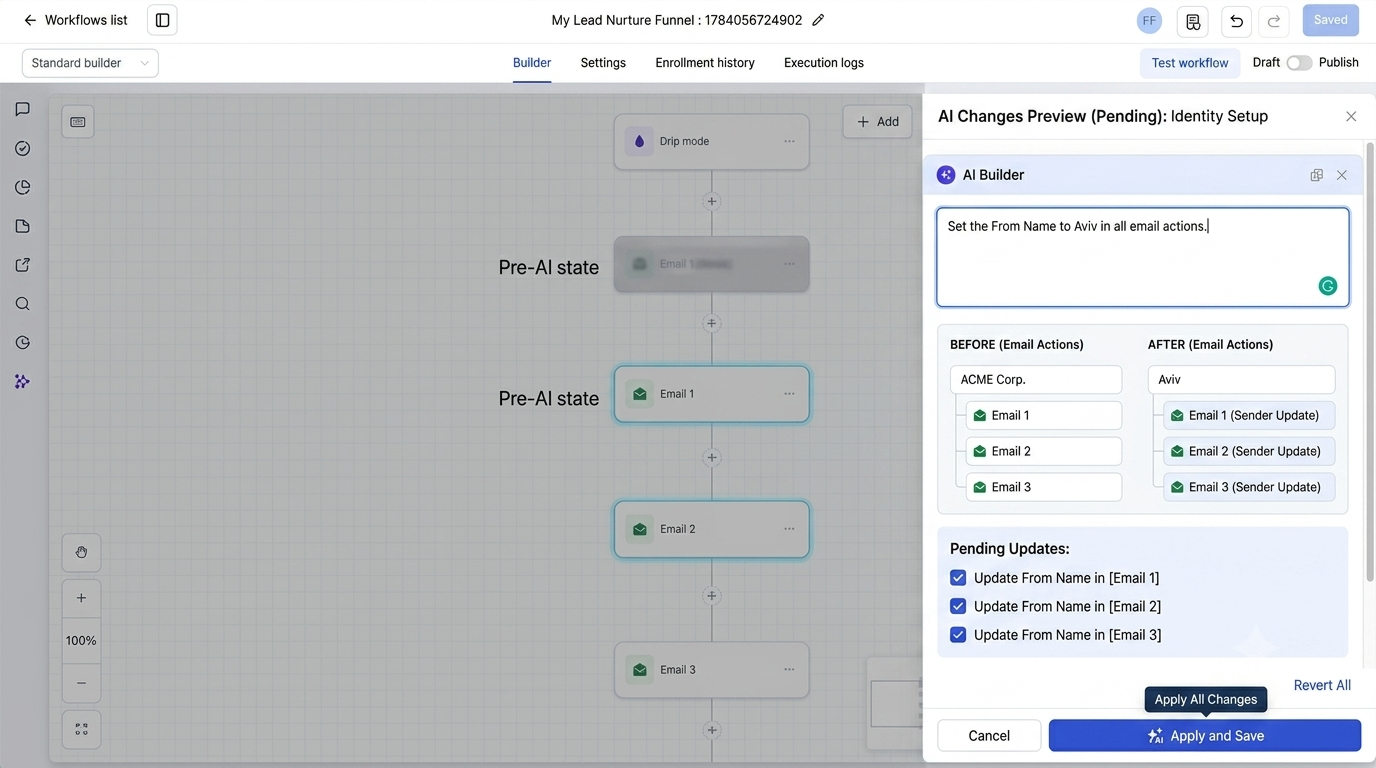 GoHighLevel AI Builder preview changes before saving workflow updates