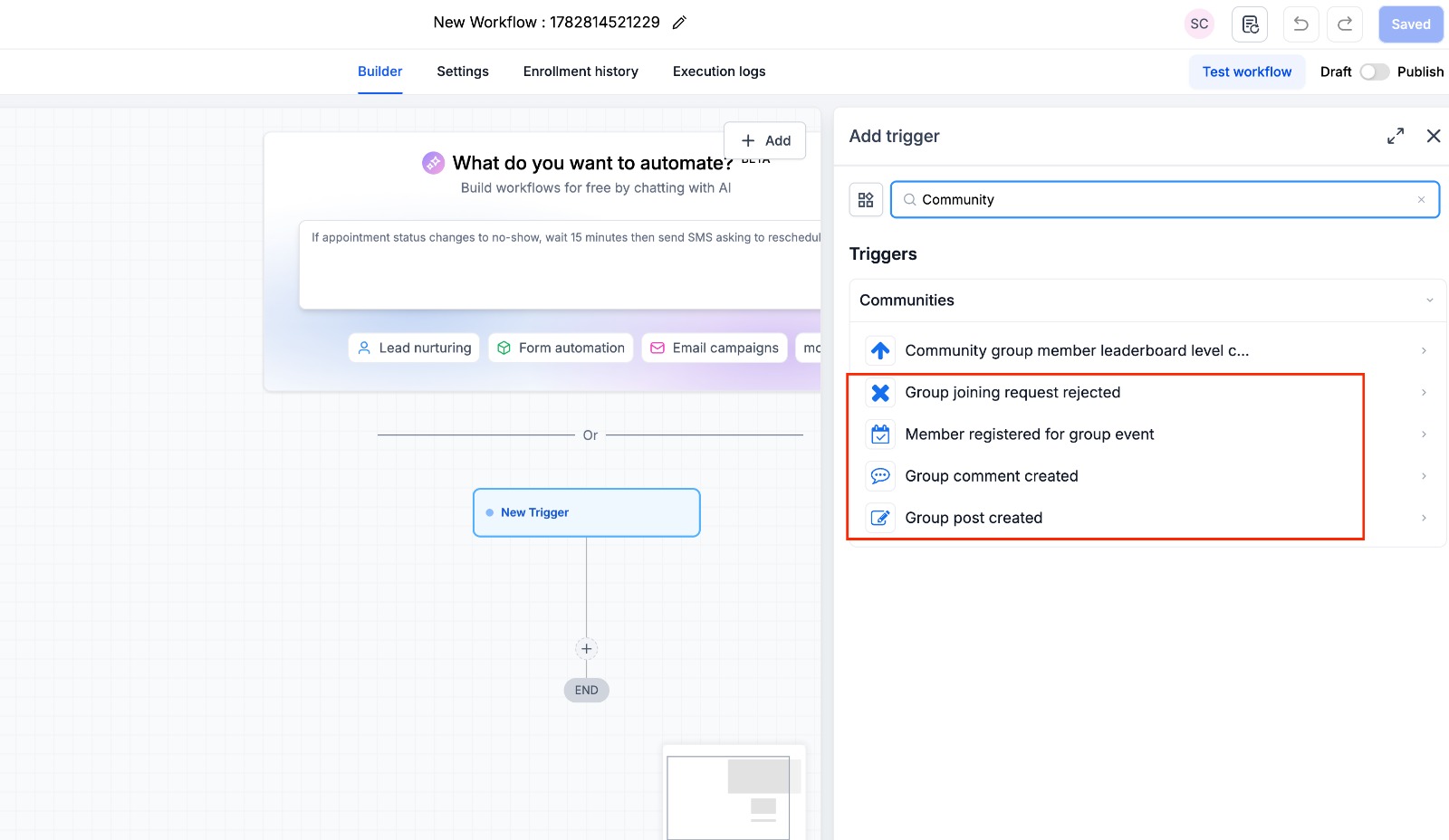 GoHighLevel Community workflow trigger list showing the four new Community triggers