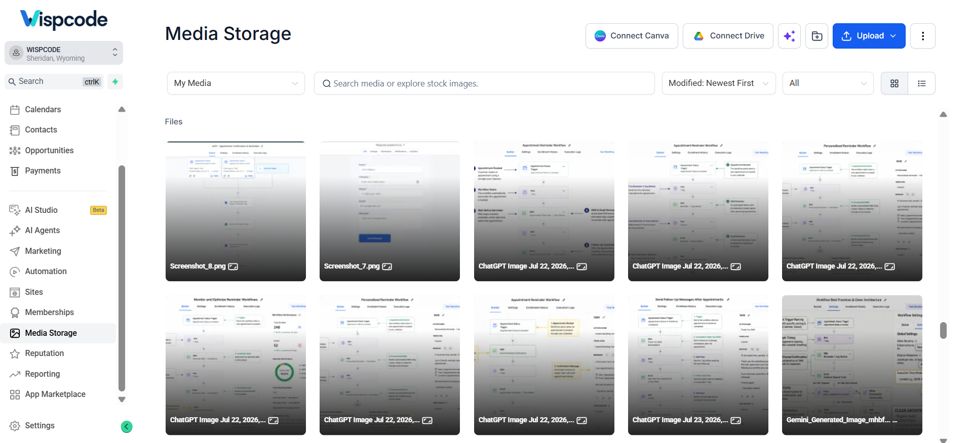 GoHighLevel Media Storage dashboard showing the Upload option for managing media files.