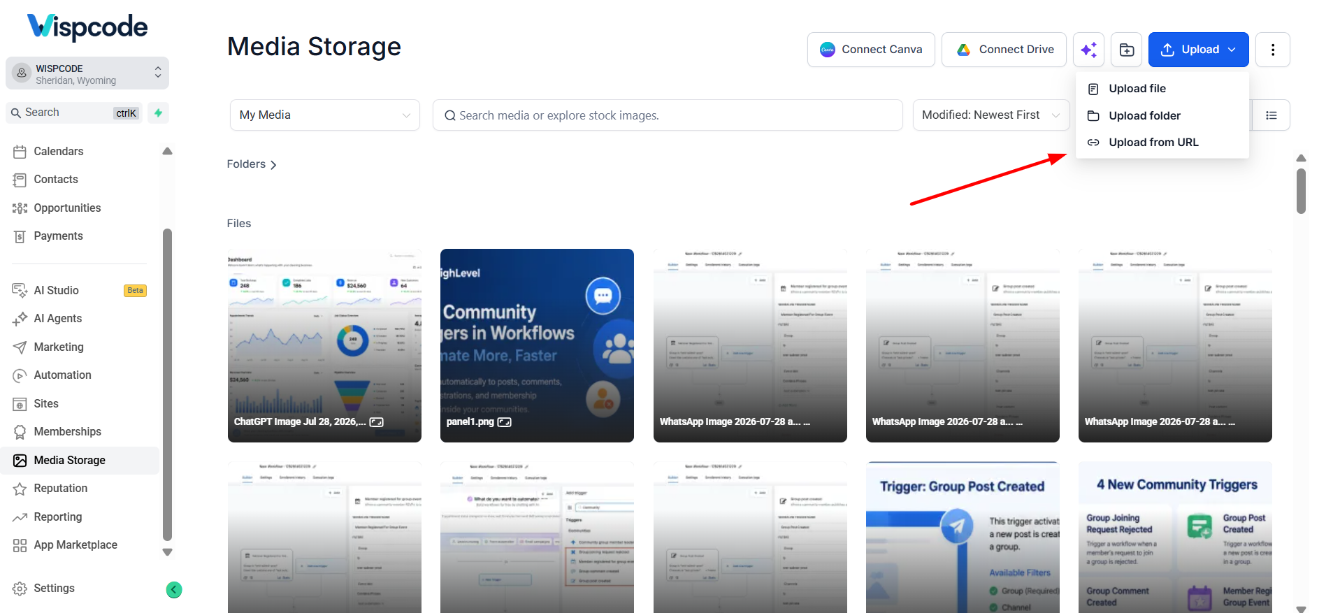 Upload from URL option inside GoHighLevel Media Storage.
