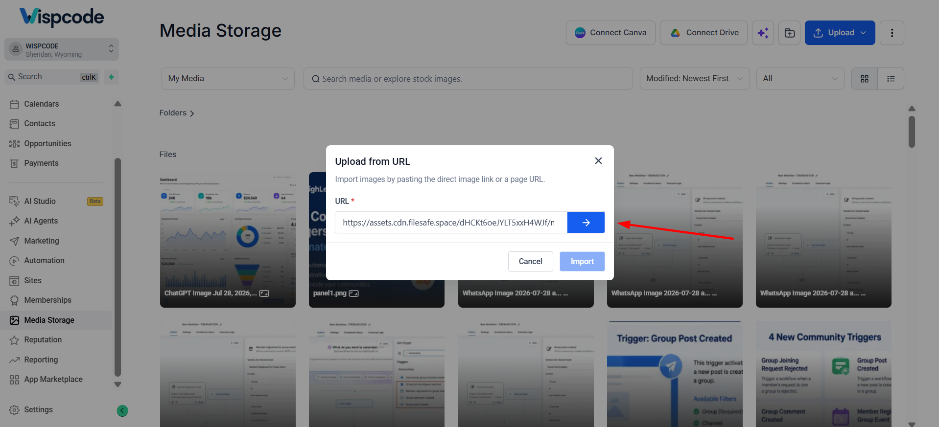 Upload from URL dialog in GoHighLevel with a public image link ready for import.