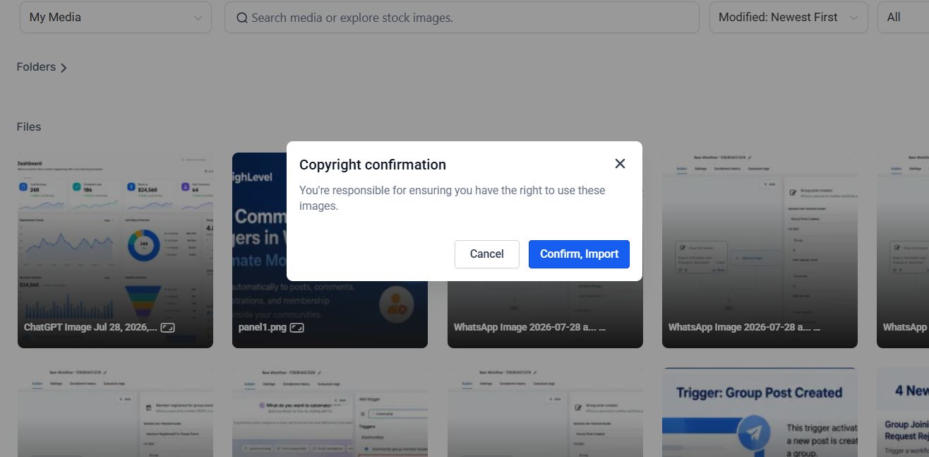 Copyright confirmation prompt before importing an image into GoHighLevel Media Storage.