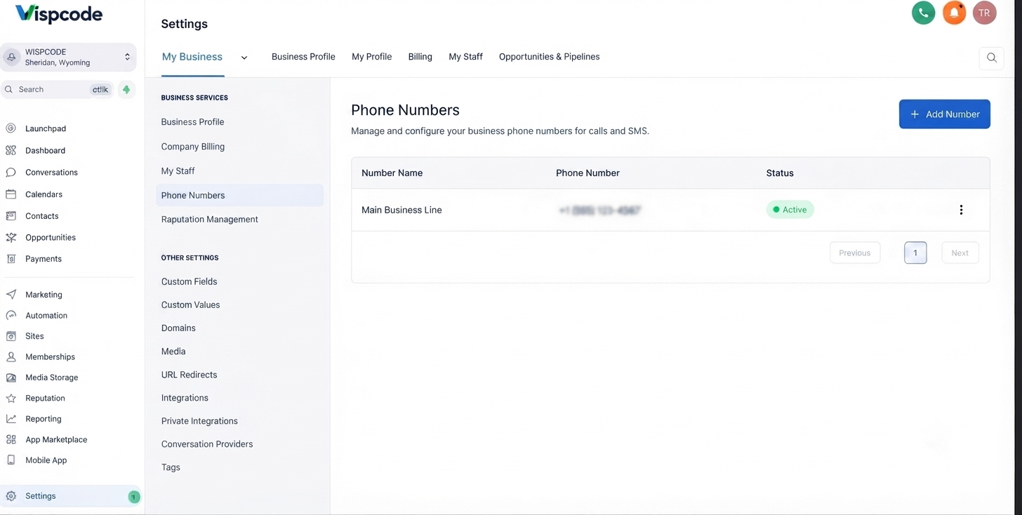 GoHighLevel business phone numbers settings with number blurred for privacy GoHighLevel business phone numbers settings with number blurred for privacy