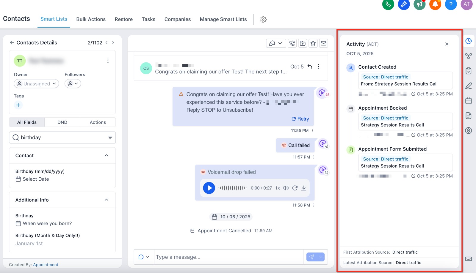 GoHighLevel CRM contact profile showing customer segmentation tags, lead status, and follow-up tracking labels