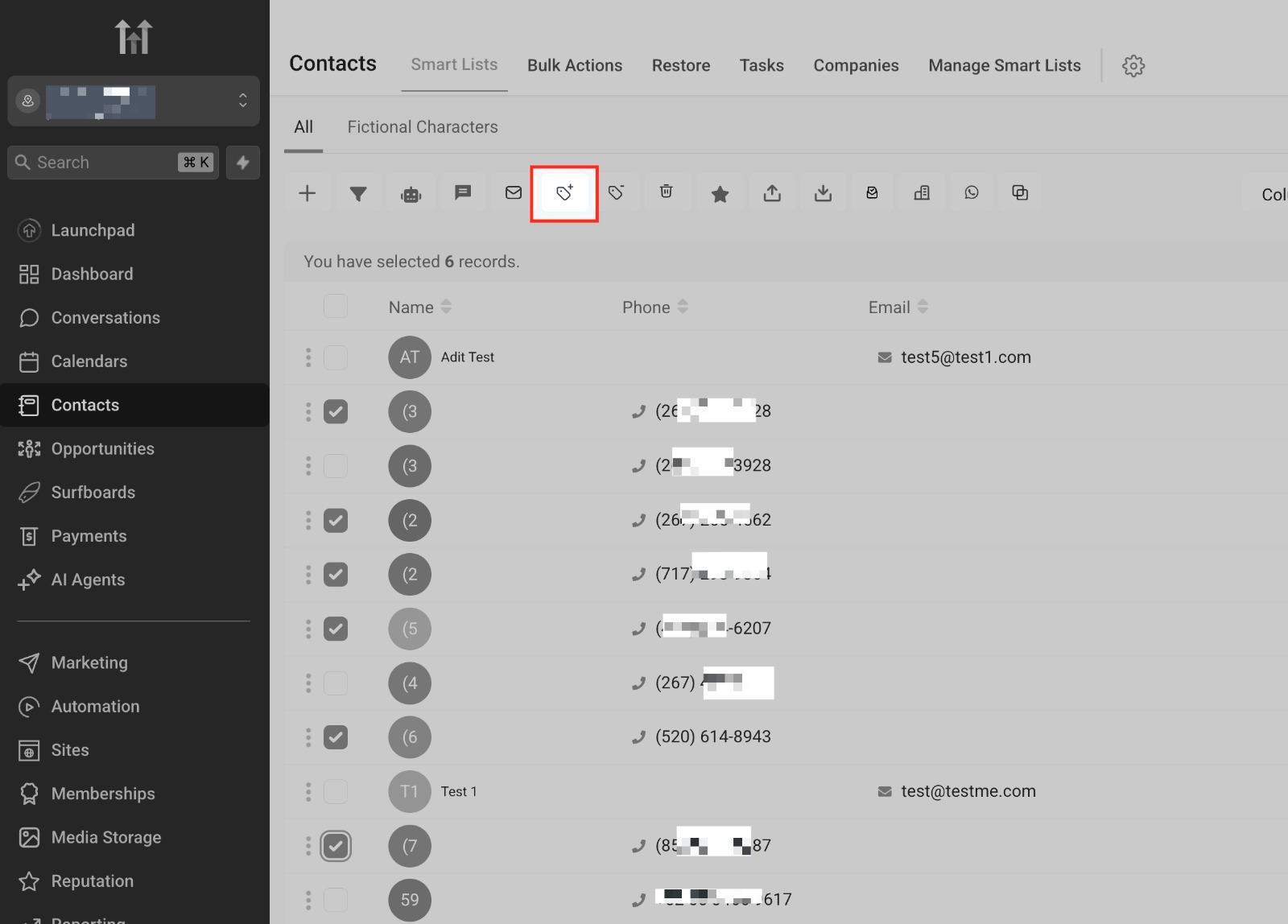 GoHighLevel CRM tags page displaying searchable contact categories and organized tagging options