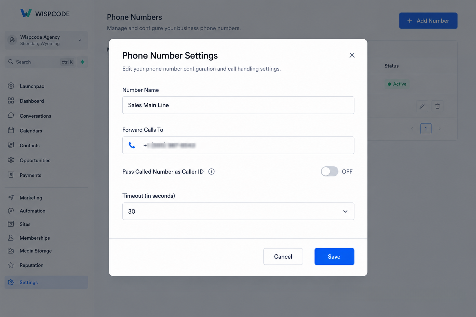 GoHighLevel phone number settings modal with forwarding number GoHighLevel phone number settings modal with forwarding number