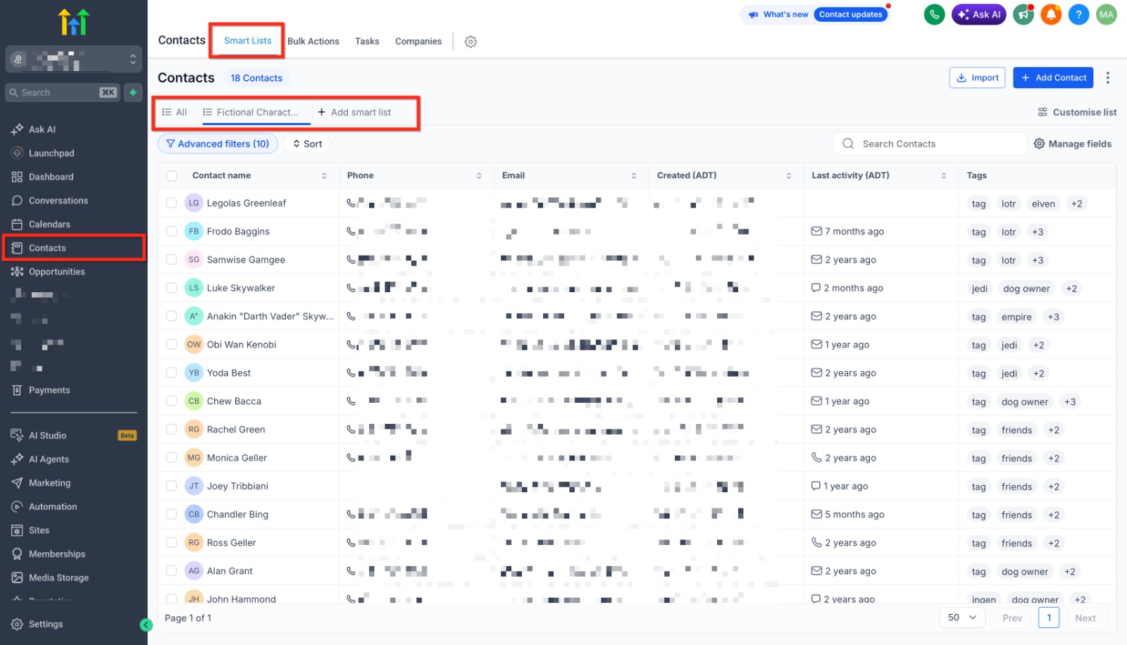 GoHighLevel Smart Lists dashboard organizing contacts with dynamic filters and automated audience updates