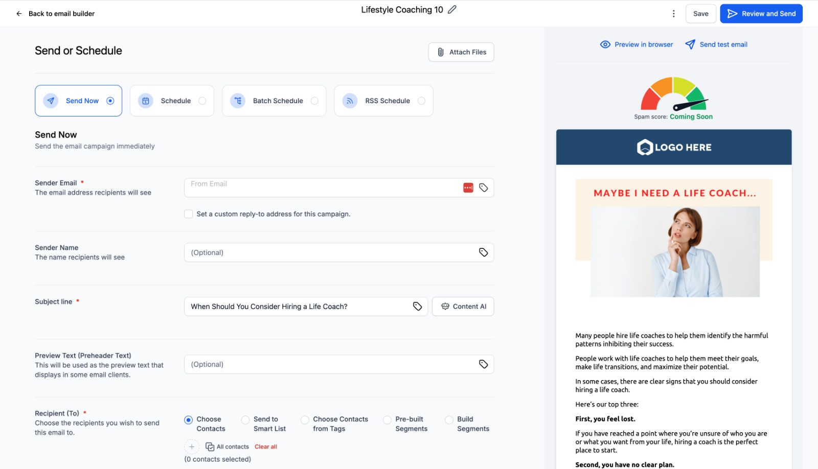 GoHighLevel email campaign targeting screen with segmented contacts and customized audience selection