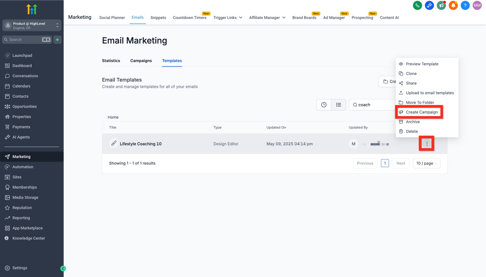 GoHighLevel CRM contact management view showing filtered customer lists for email marketing campaigns