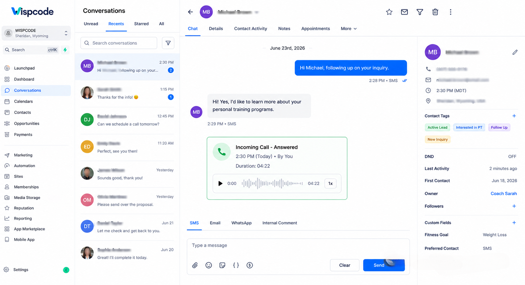 GoHighLevel conversations dashboard showing incoming call log and customer history GoHighLevel conversations dashboard showing incoming call log and customer history