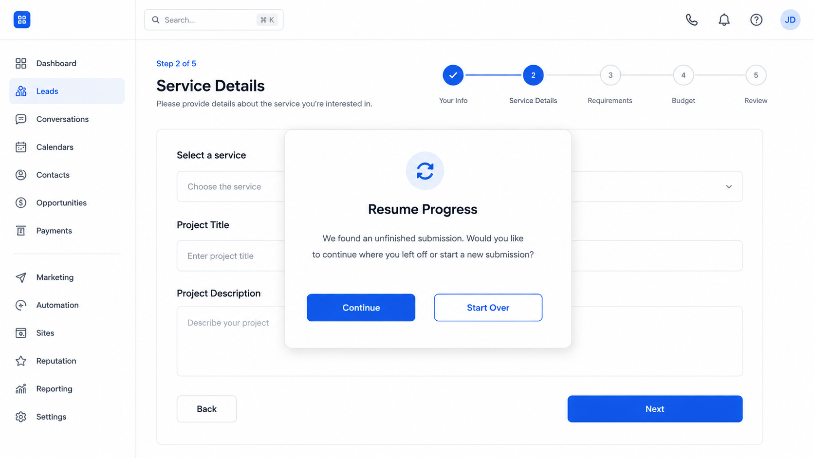 GoHighLevel Resume Progress modal for multi-step forms GoHighLevel Resume Progress modal for multi-step forms