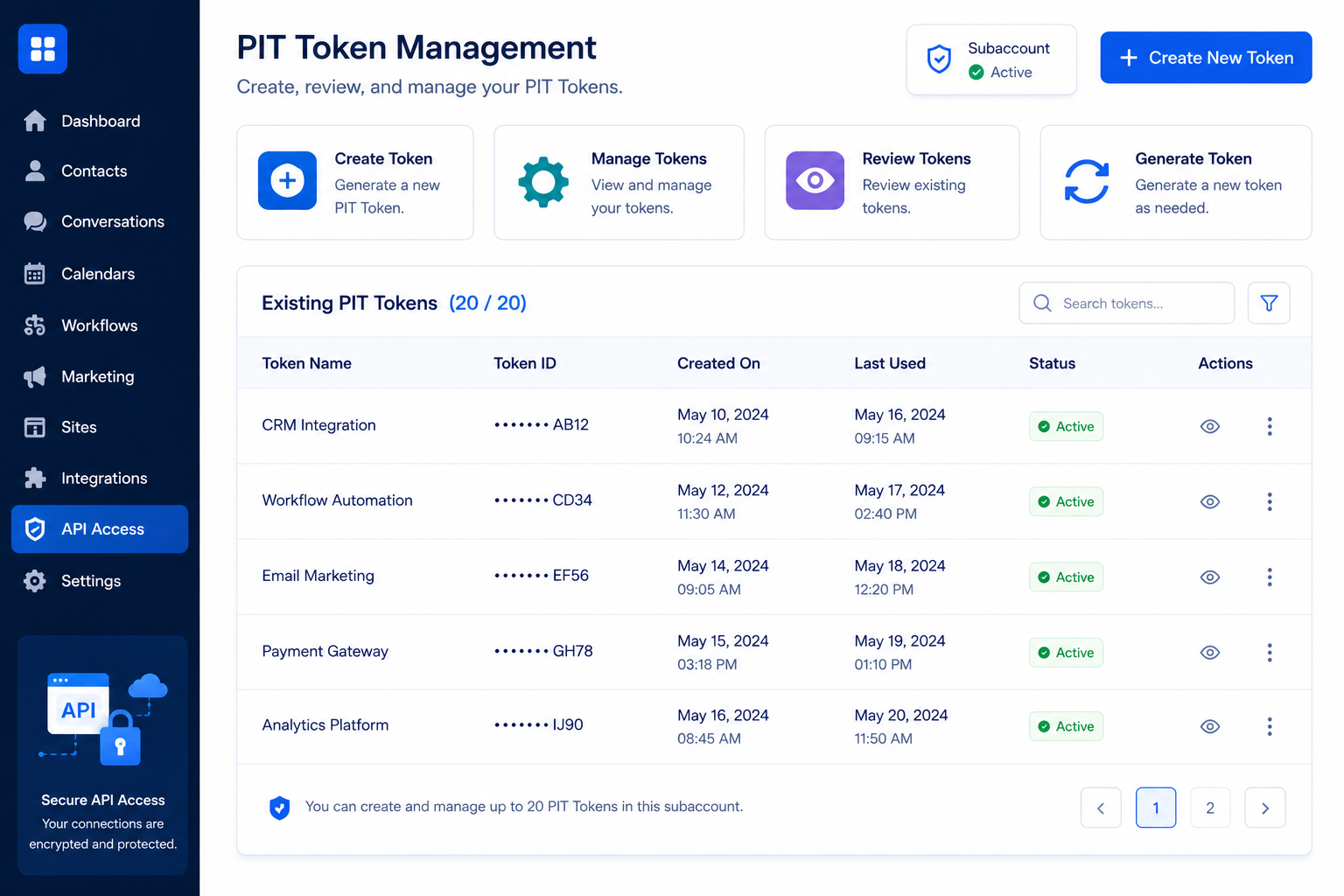 PIT Token Management section in a GoHighLevel subaccount