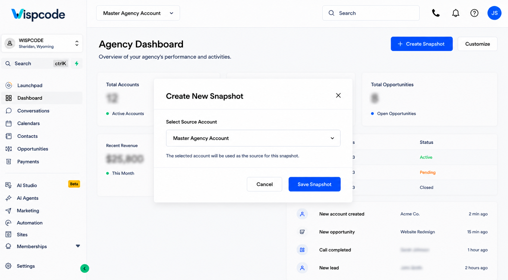 GoHighLevel agency dashboard showing create new snapshot modal