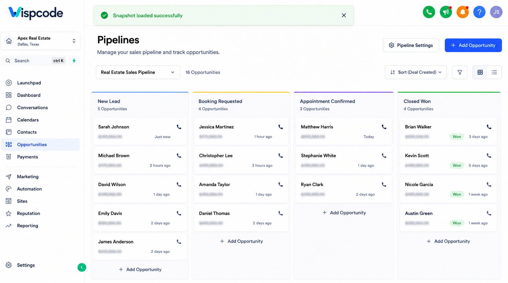 GoHighLevel Pipelines dashboard showing successful snapshot import with sales stages