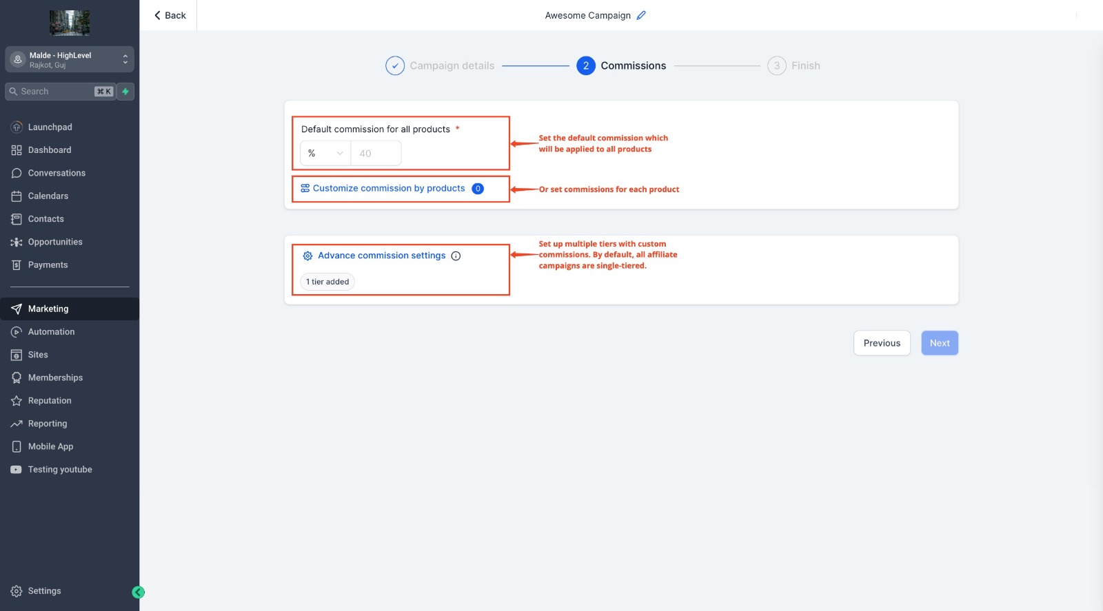 Commission settings page inside GoHighLevel Affiliate Manager. Commission settings page inside GoHighLevel Affiliate Manager.