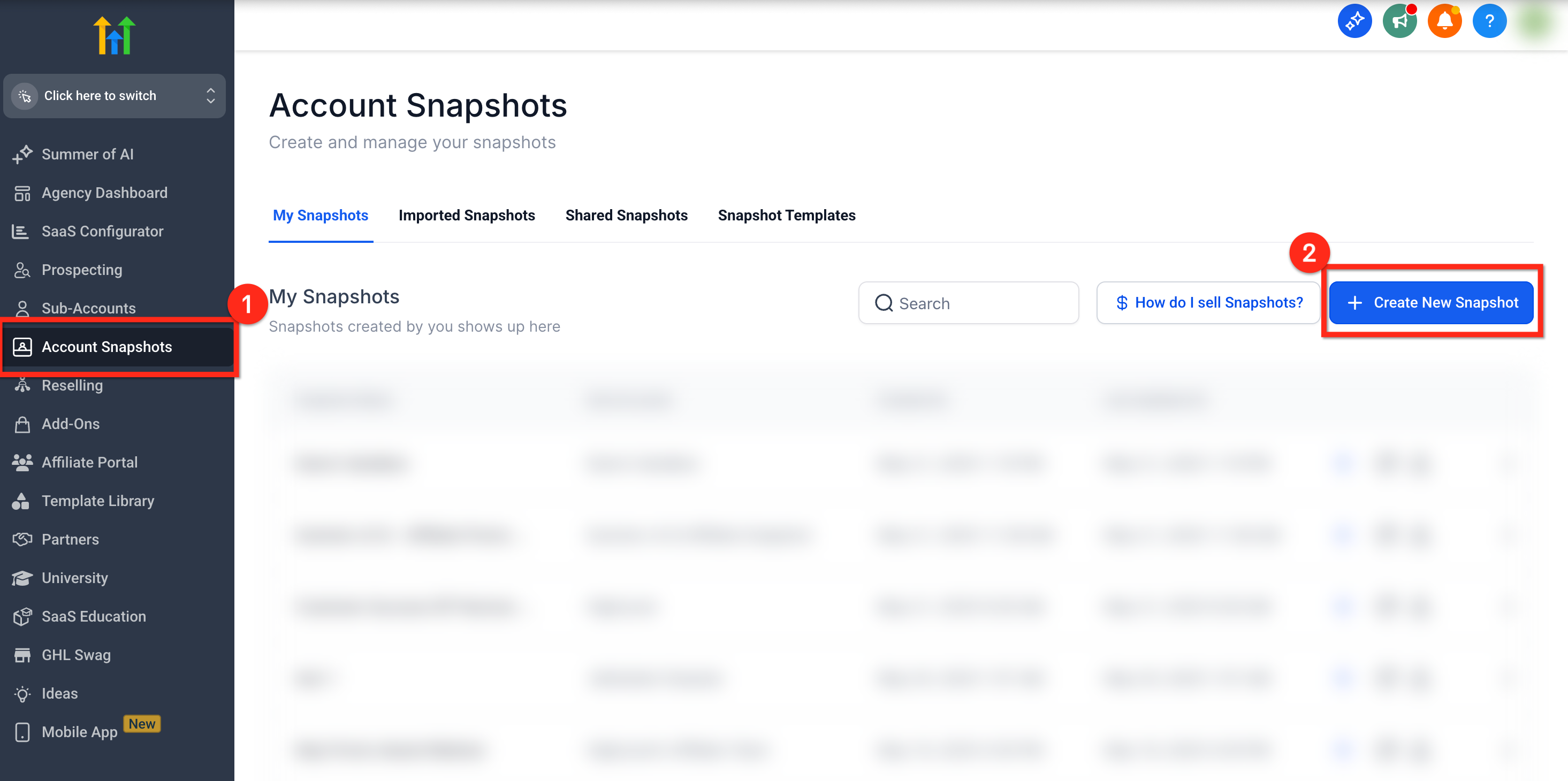 GoHighLevel Account Snapshots screen with the Create New Snapshot button GoHighLevel Account Snapshots screen with the Create New Snapshot button