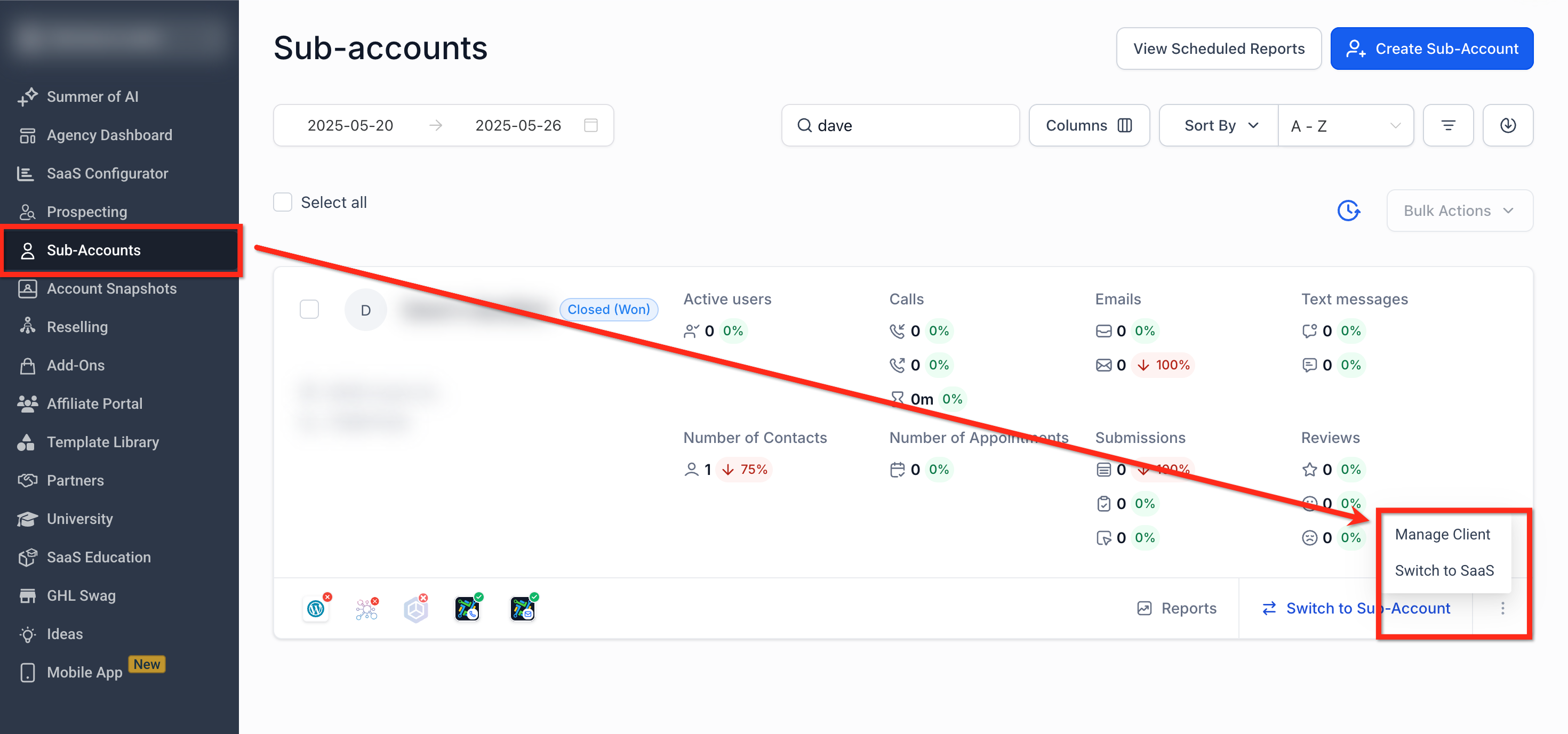 Sub-accounts list with the three dot menu open and Manage Client highlighted Sub-accounts list with the three dot menu open and Manage Client highlighted